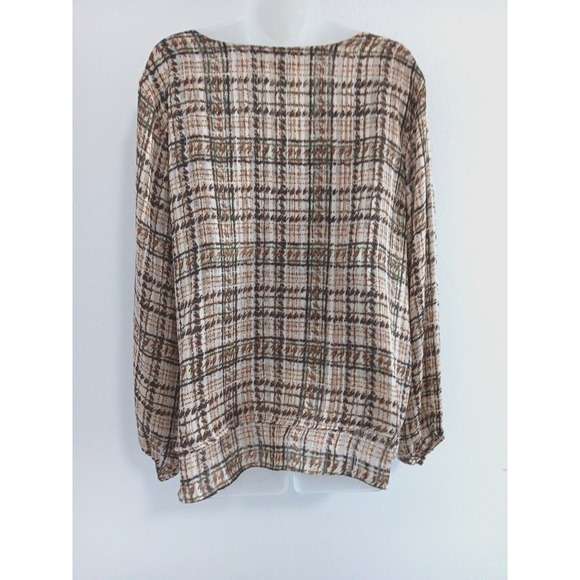 ZAC & RACHEL Blouse Women 2XL Brown Plaid Flowing Long Sleeve Office Lightweight - Picture 2 of 11